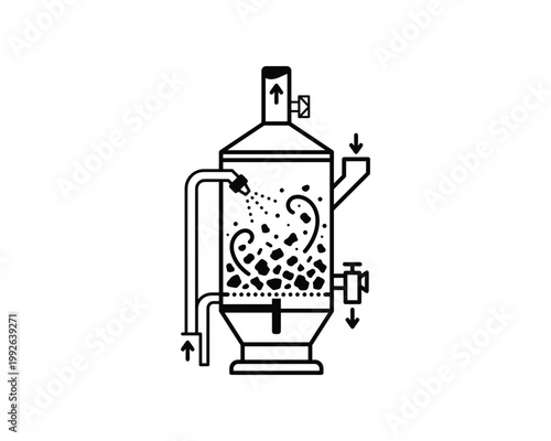 Granulator processing chamber diagram illustrating material, liquid spray, and airflow for granulation.