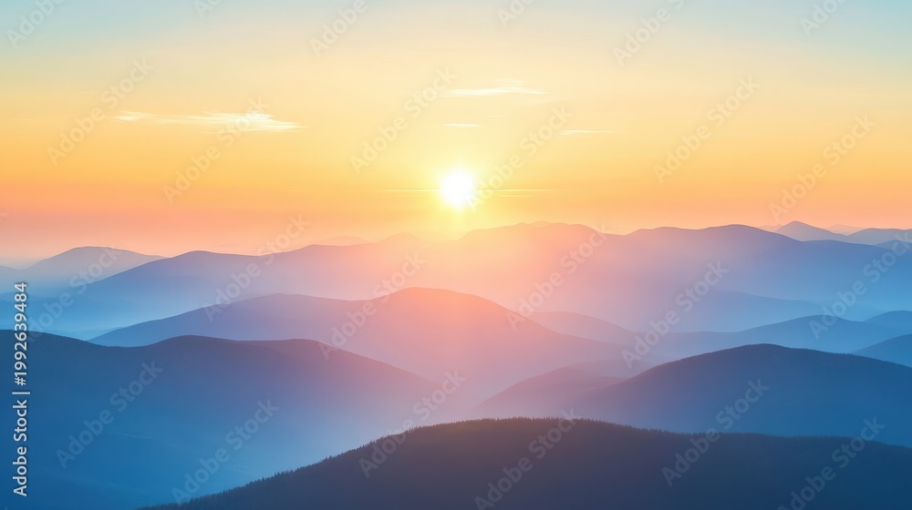 Fototapeta premium Golden sunrise illuminating layered mountain ranges with a soft, colorful sky