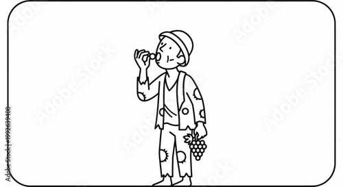 Man in ragged clothes eating grapes, holding bunch, cartoon style