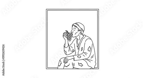 Man in tattered clothes eating grapes