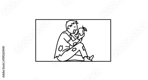 Man in torn clothes holding a mango, looking hungry