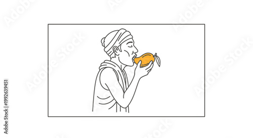 Man in Turban Eating Ripe Mango Fruit, Healthy Food Concept, Summer Season