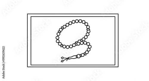 Islamic prayer beads (tasbih) in a simple line art illustration, isolated on white background
