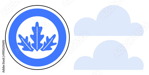 Environmental conservation, weather forecasting, logo design, nature motifs, climate awareness, branding elements. Blue oak leaf emblem in a circular design alongside two simple cloud symbols