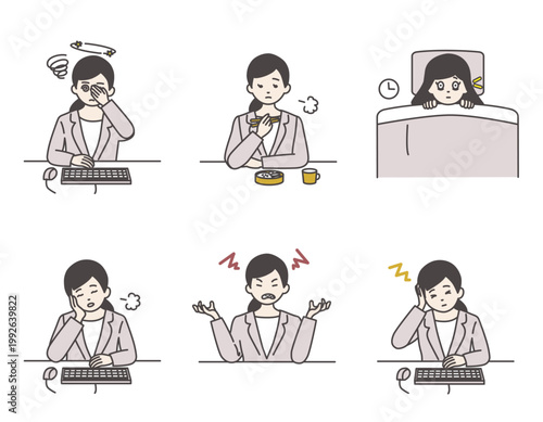 五月病やストレスに悩むビジネスウーマンのイラストセット　ベクター