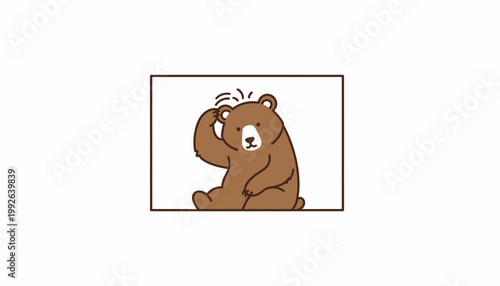 Cute cartoon bear scratching head, confused expression, simple illustration