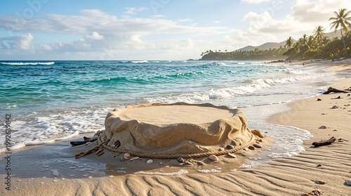 Sand mound on beach with ocean waves and palm trees
