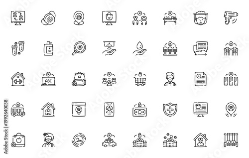 New Normality icon set. Vector illustration of video call, face mask, social distancing, online shopping, healthcare, school and more. Editable stroke icons.