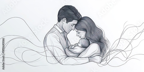 Tender parents embracing their newborn in flowing monochrome line art, serene and protective family moment conveying love, warmth and quiet intimacy