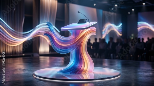 Futuristic podium with microphone and laptop on stage with colorful neon light installation