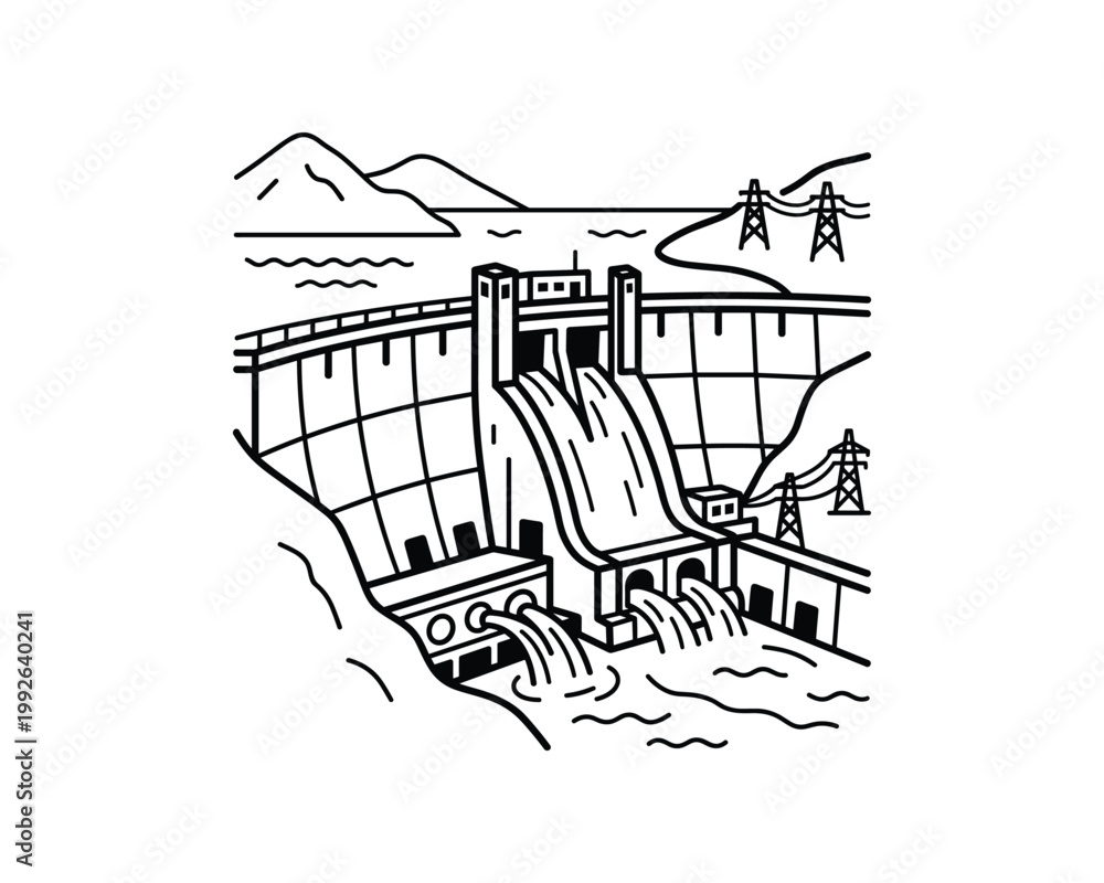 Fototapeta premium Hydroelectric dam wall illustration with water flowing, mountains, and power lines generating energy.