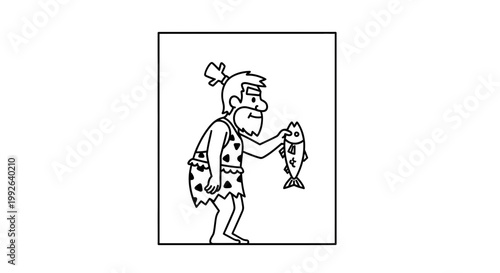 Caveman proudly holding a freshly caught fish, prehistoric man fishing success