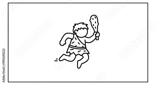 Caveman Running with Club, Primitive Man, Stone Age Warrior, Cartoon Style