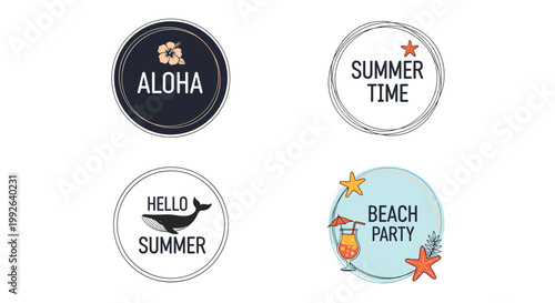 Collection of summer and beach themed circular badges features aloha hibiscus, summer time stars, hello summer whale, and a party drink.