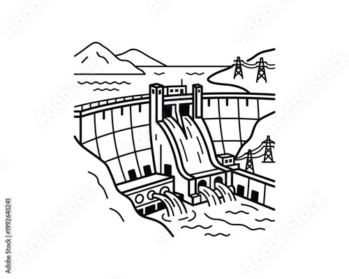 Hydroelectric dam wall illustration with water flowing, mountains, and power lines generating energy.