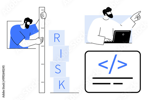 Risk analysis, software development, IT security, risk assessment, programming, professional teamwork. Man measuring RISK blocks and professional working on a laptop with a code screen. Risk analysis