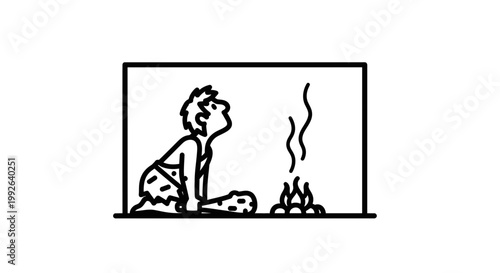 Caveman Sitting by Fire, Primitive Human Discovery, Early Civilization Concept