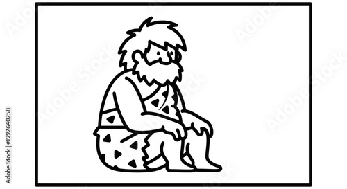 Caveman Sitting Down, Primitive Man, Prehistoric Human, Simple Cartoon Style