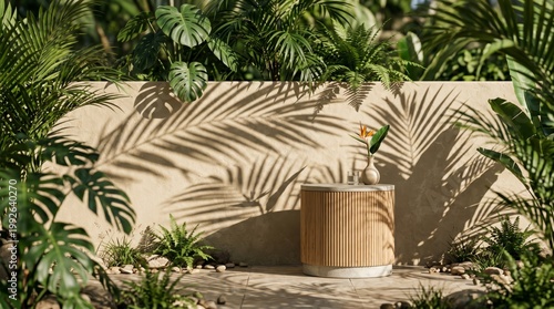 Tropical garden with wooden table and plants