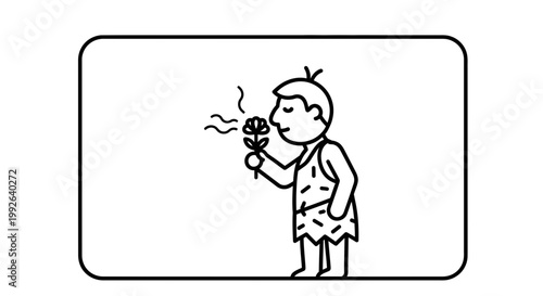 Caveman Smelling Flower, Primitive Man Enjoying Nature's Scent, Early Human Discovery