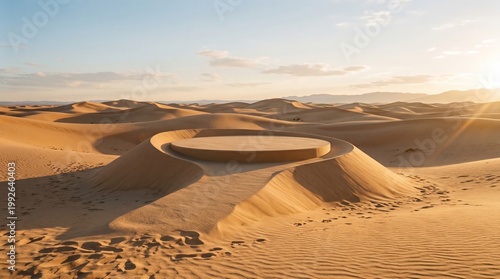 Circular structure in desert sand dunes at sunset