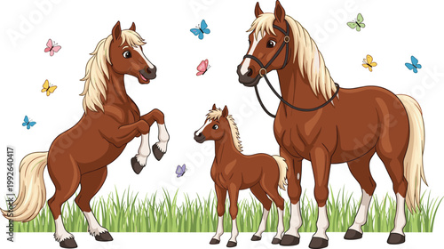 Horse Vector Collection Featuring Cartoon Family Scene with Butterflies and Playful Nature Designs