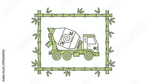Cement Mixer Truck in Bamboo Frame with Swirls and Leaves - Eco Construction Concept