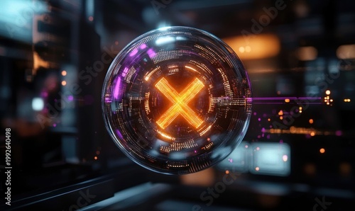 Transparent floating glass sphere with a glowing orange X and circuit-like neon lights in a dark futuristic tech control room, emitting a mysterious warning energy