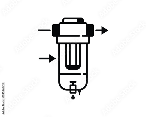 Industrial compressed air filter diagram with inlet outlet flow arrows and a condensate drain valve.