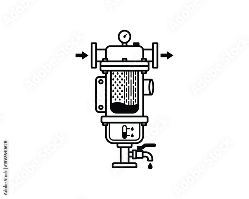 Industrial compressed air filter system with pressure gauge and drain valve line art.