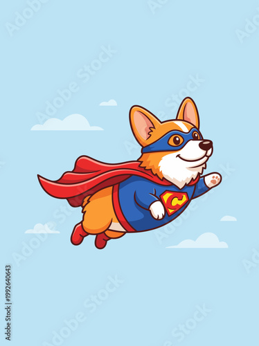 Cute corgi dressed as a superhero with cape, flying pose, colorful illustration, minimal plain background. vector style
