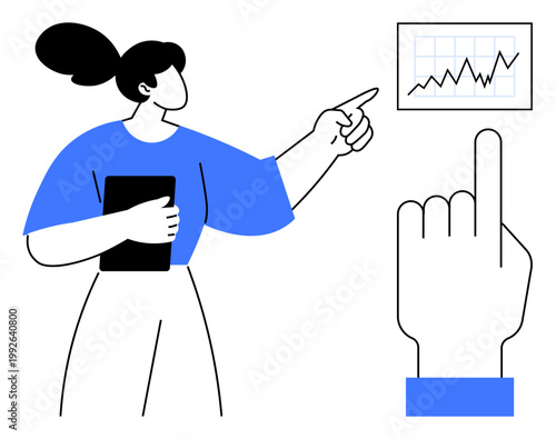 Data analysis, presentations, growth strategies, business reporting, corporate training, decision-making visual aid. Woman holding a tablet and pointing at a graph. Data analysis and decision-making