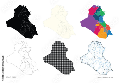 Iraq map vector collection showing administrative divisions in six different graphic styles