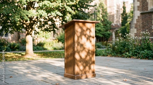Wooden podium lectern stand on stone tiles outdoors in garden