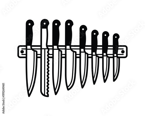 Kitchen knives set hanging on a magnetic strip, black and white line art illustration.