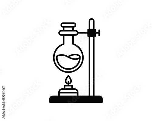 Laboratory experiment setup with a flask clamped on a retort stand over a lit burner.