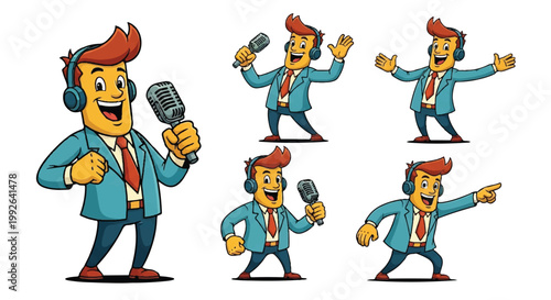 Cartoon broadcaster poses microphone headphones various actions on white
