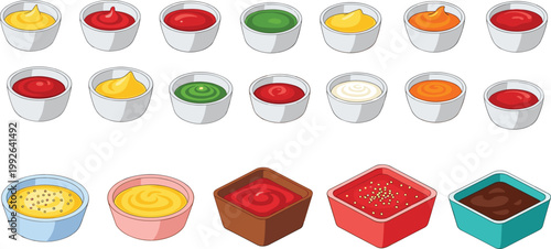 Sauce and Dip Vector Collection Featuring Bowls and Containers with Colorful Condiment Designs