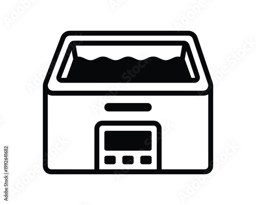 Laboratory water bath icon. This outline black and white vector depicts a lab instrument.
