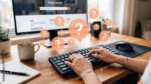 Person typing on keyboard with question marks floating above help center webpage on computer screen