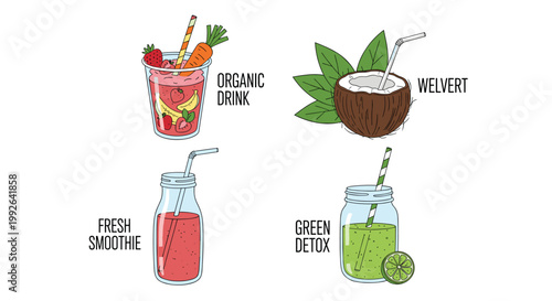 Healthy beverage collection features hand drawn illustrations of an organic drink, coconut juice, fresh smoothie, and a green detox.