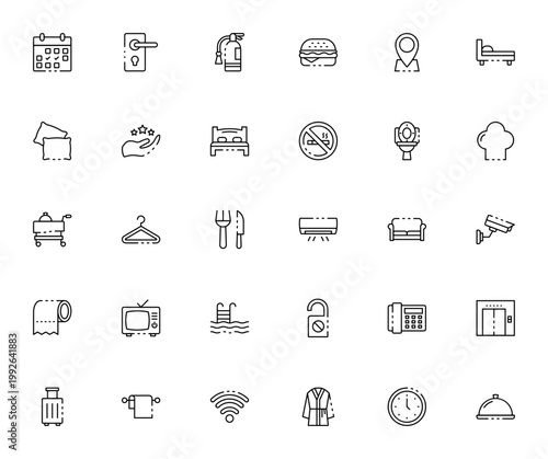 Hotel icon set. Vector illustration of hospitality symbols including calendar, door lock, bed, swimming pool, wifi, elevator, food and more. Editable thin line icons.