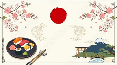 Illustration of Japanese culture featuring sushi, cherry blossoms, Mount Fuji, and a torii gate under a red sun.