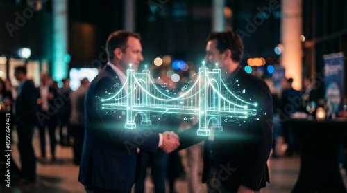 Business partnership handshake with glowing bridge network connection