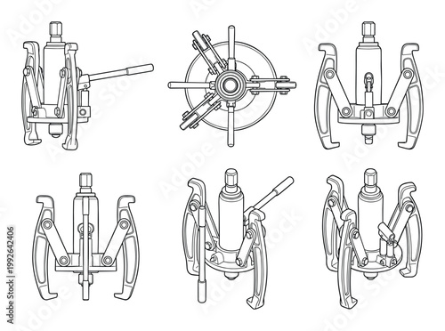Line art vector illustrations of a hydraulic bearing puller in six different views.
