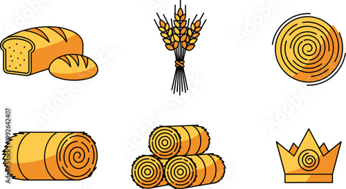 Bread, Wheat, and Hay Vector Collection Featuring Agricultural Harvest Elements with Decorative Crown
