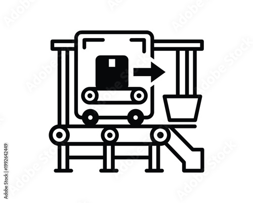 Logistics sorting facility icon with a package moving on a conveyor belt towards a processing chute.