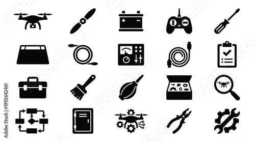 Black Technology Icons on White Background