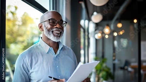 Smiling senior businessman reviewing documents in office