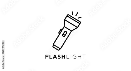 Minimalist line art icon of a handheld flashlight with the word flashlight written beneath it on a plain white background for graphic design.